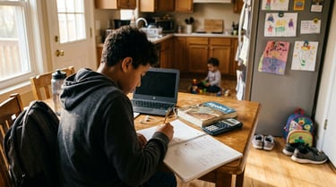 A 6th grade boy working through a multi-step math problem at a kitchen table with notebook and pencil