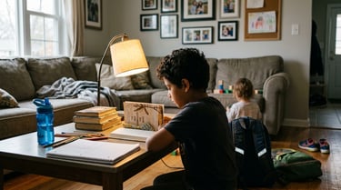 A 4th grade boy sitting at a kitchen computer early in the morning, focused on a reading lesson with his online tutor.