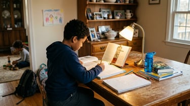 A third-grade boy sits at a kitchen table reading a short story aloud from a laptop screen, smiling as he sounds out a word.