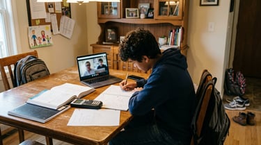 A ninth grade boy working through Algebra 1 problems on a laptop during a one-on-one video tutoring session.