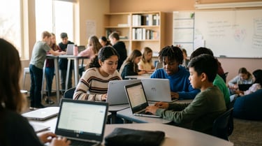 California charter school students working on personalized learning laptops in a flex-based classroom setting, representing iLEAD Flex Lancaster expansion