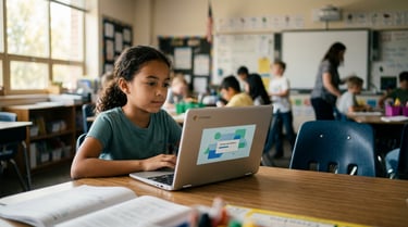 Elementary student sitting in front of a laptop with an unopened AI tutoring platform, an empty tutor chair beside them in a classroom