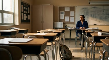Empty middle-school classroom desks in morning light, illustrating chronic absenteeism and Tier 3 tutoring dosage