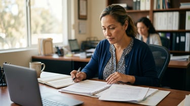 California charter special programs coordinator reviewing Title III RFA documentation and a supplemental EL intervention plan at a desk