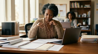 California charter school director reviewing subgroup CAASPP and Dashboard data at desk ahead of the October 15 public release