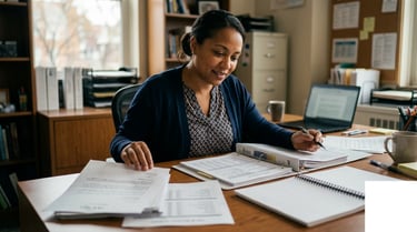 Charter school special programs coordinator reviewing Title III allocation letter and MAP diagnostic data at a desk to plan braided tutoring funding