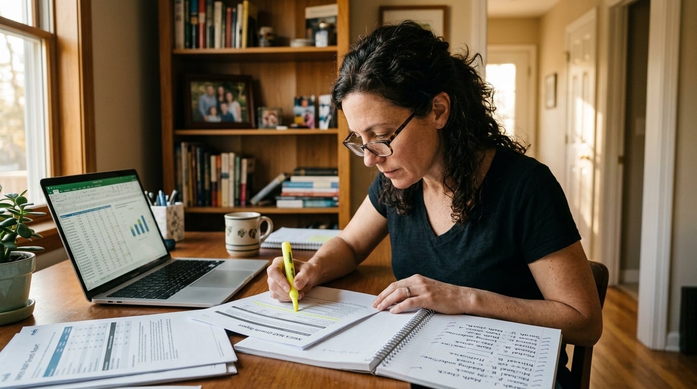 A charter school director at a home office desk reviewing a printed spring NWEA MAP report with a highlighter and a notepad, listing student names in late afternoon light.