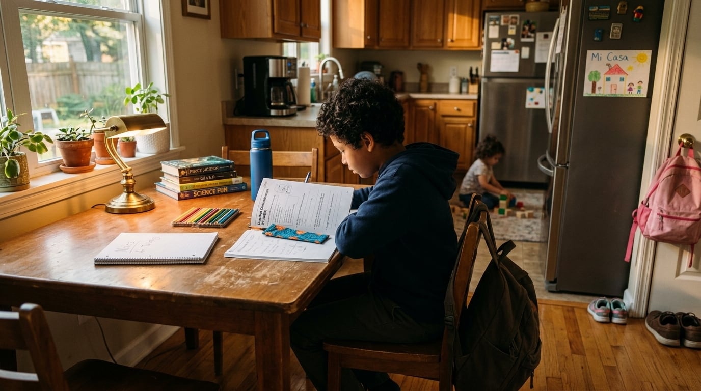 A 3rd grade boy sitting at a kitchen table reading a short story aloud with growing confidence.