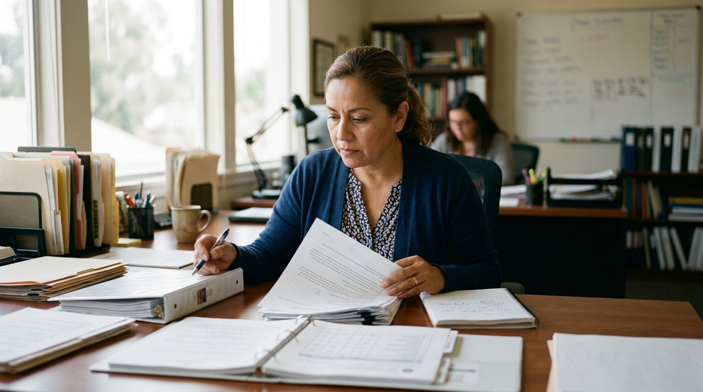 California charter school federal programs coordinator reviewing Title III RFA application materials at a desk with budget documents