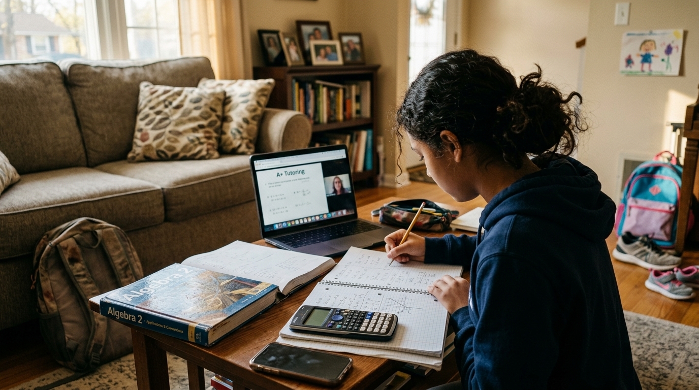 A 9th grade girl smiling while working through a quadratic equation in a notebook at her kitchen table