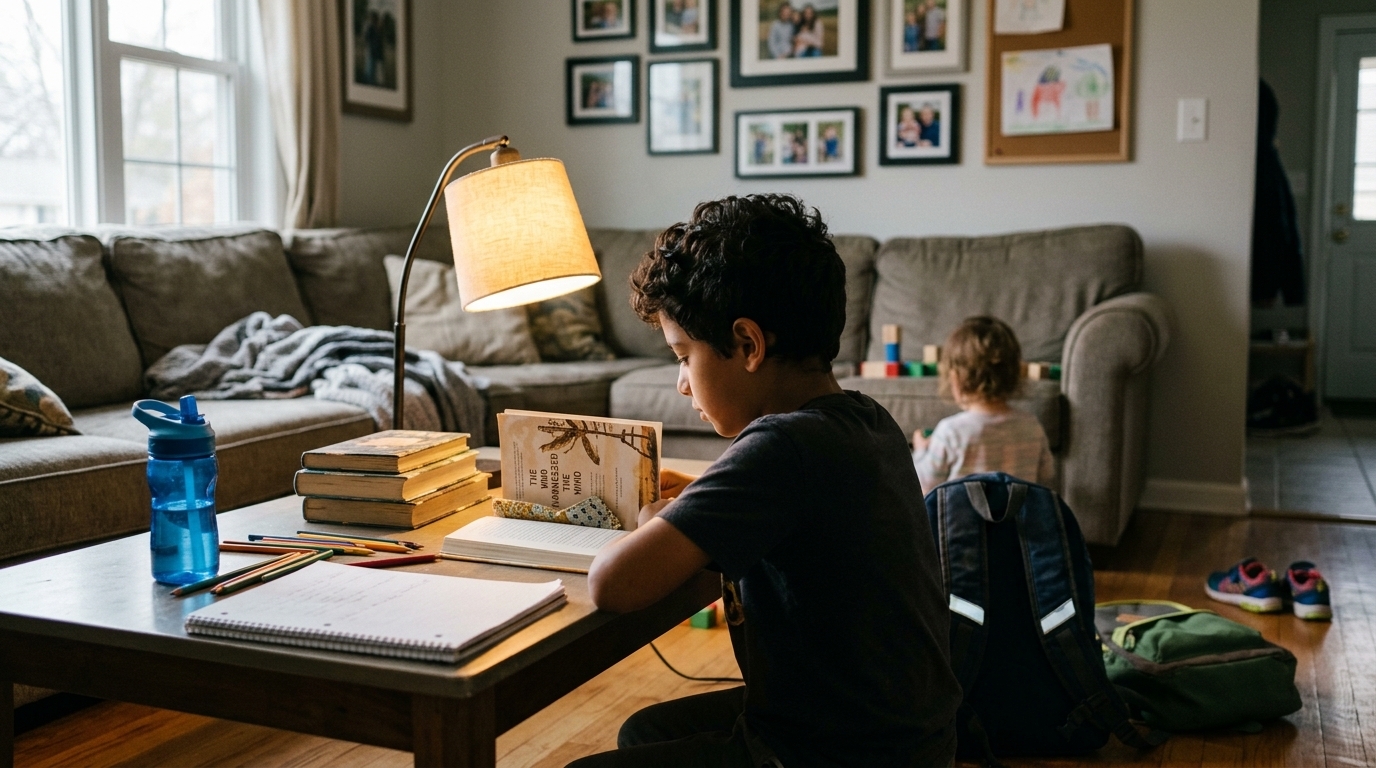 A 4th grade boy sitting at a kitchen computer early in the morning, focused on a reading lesson with his online tutor.