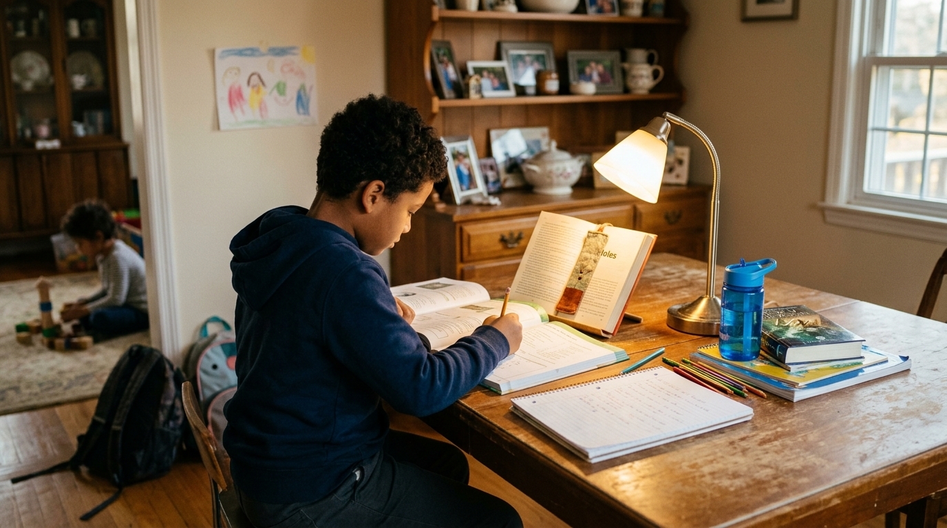 A third-grade boy sits at a kitchen table reading a short story aloud from a laptop screen, smiling as he sounds out a word.