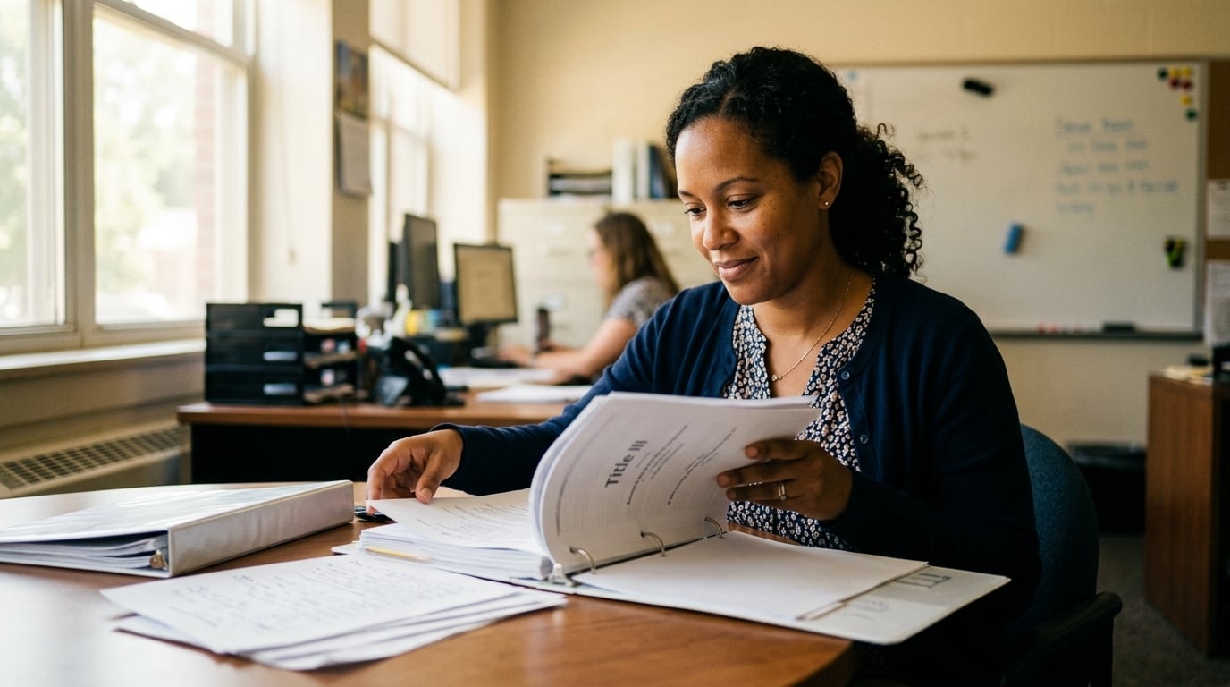 Special programs coordinator reviewing a charter school intervention staffing plan and Title III binder in August