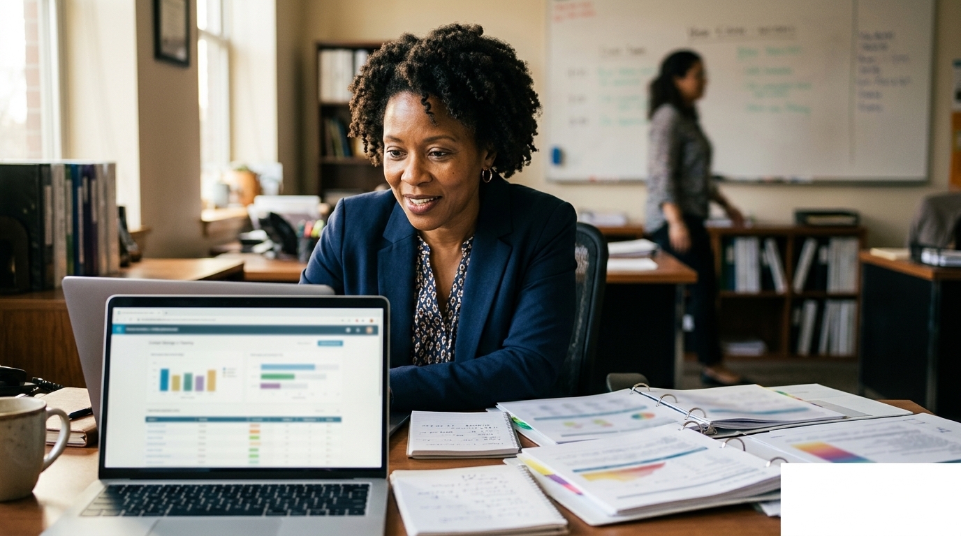 Charter school director reviewing tutoring vendor evaluation data on a laptop with student MAP Growth reports on the desk beside her