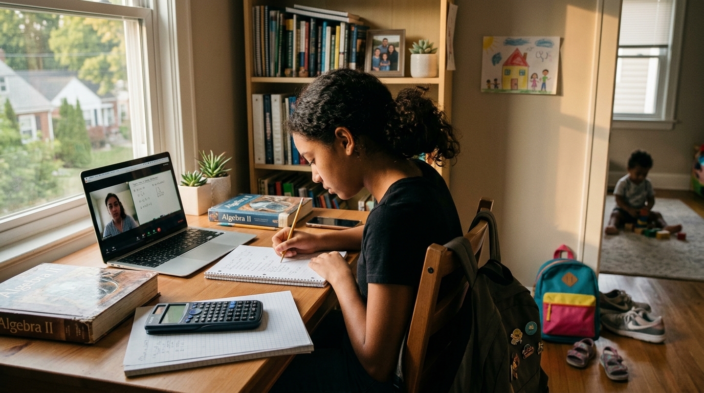 A 9th grade Latina student working confidently on pre-algebra homework at her kitchen table.