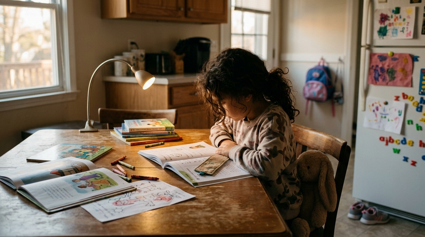 A second grade girl smiling at a picture book she is reading aloud at a kitchen table.