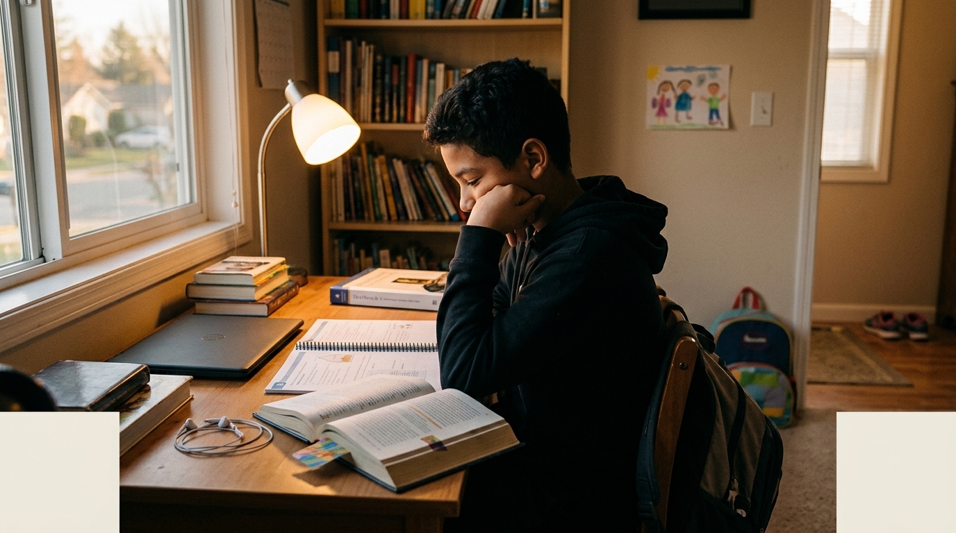 A 6th grade boy sits at a kitchen table with a workbook open, rereading his own work before asking for help.