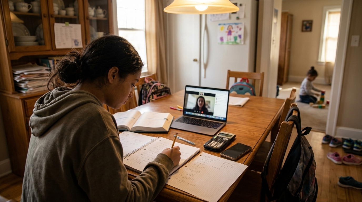 A 9th grade girl working confidently through a coordinate geometry problem at her kitchen table.