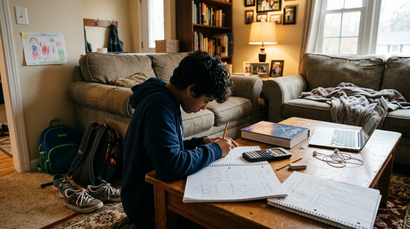 A 7th grade boy sits at a home computer with his notebook open, smiling as he works through a math problem during an online tutoring session.