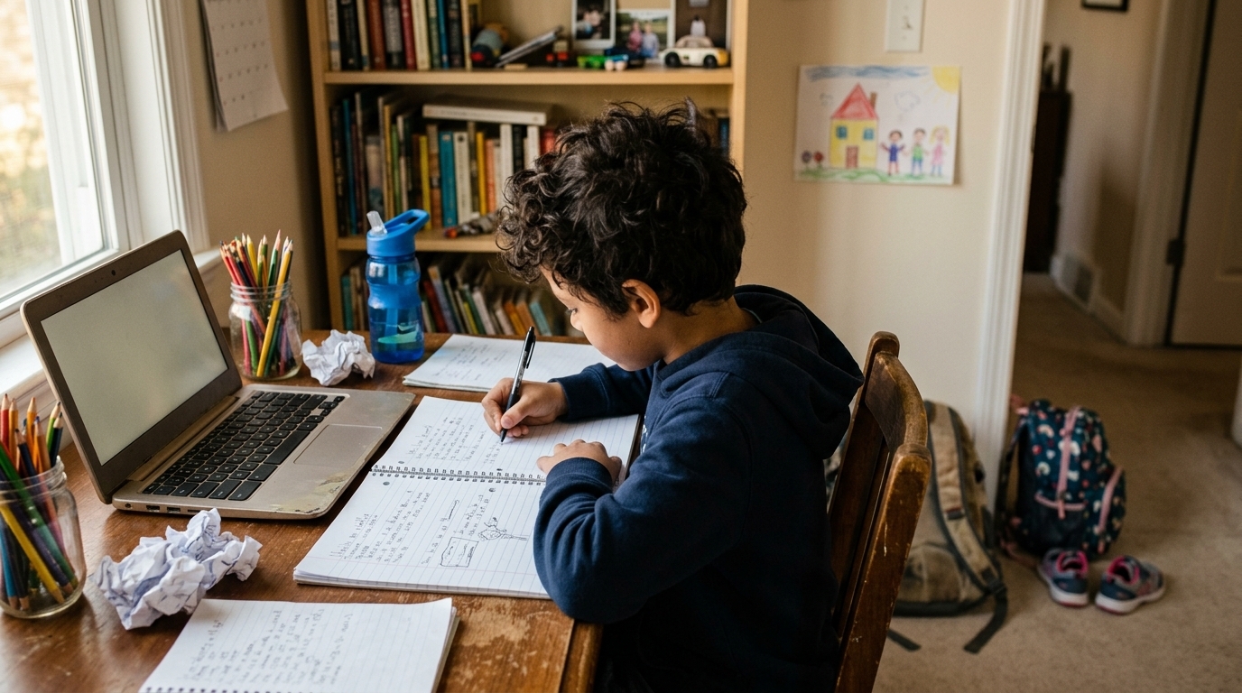 A 5th grade boy working at a kitchen table with a notebook and pencil, writing a structured essay response.