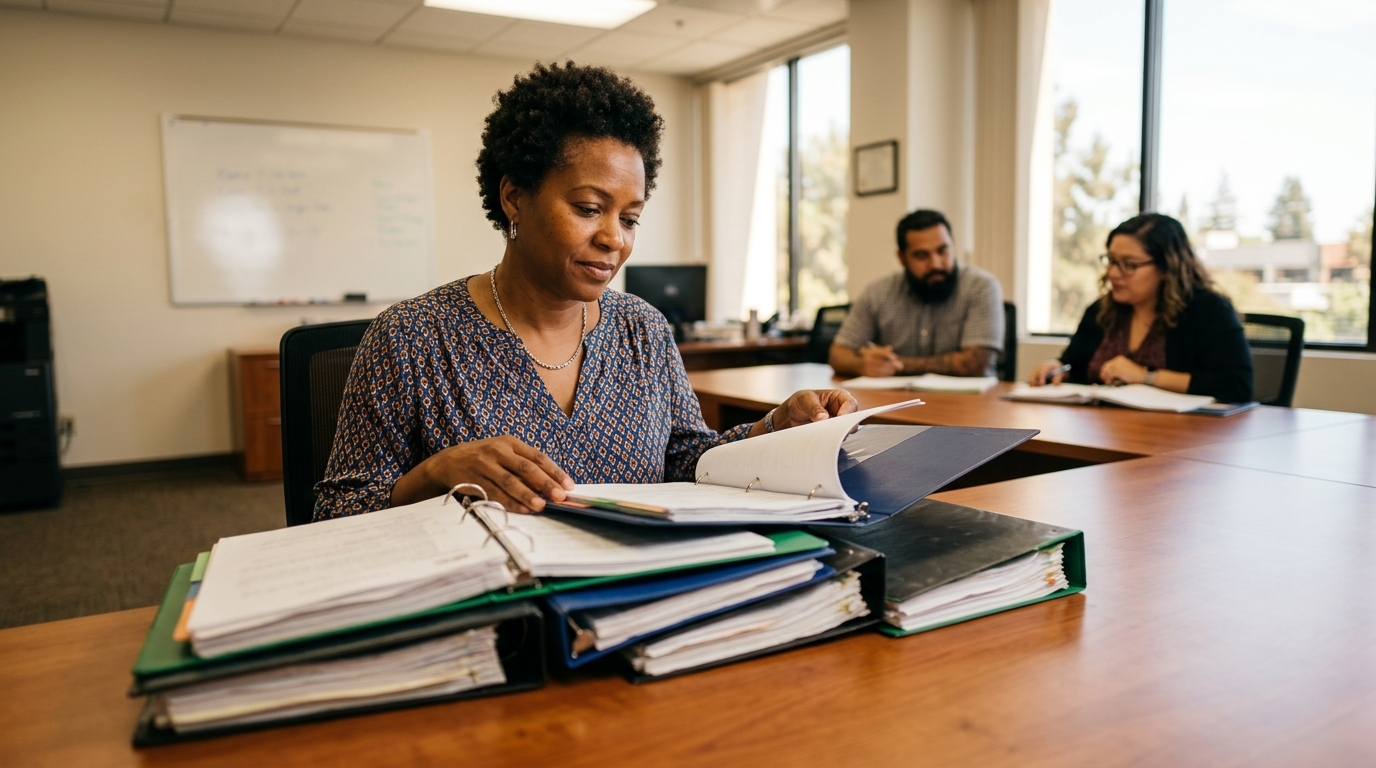 California charter school director reviewing student assessment growth binders on a conference table under office lighting