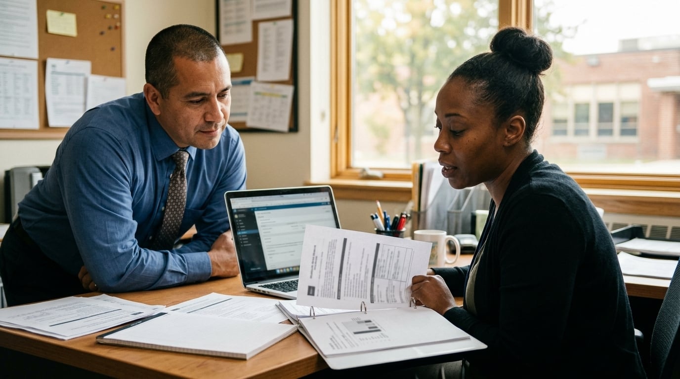 A charter school special programs coordinator reviewing withdrawal and ELPAC reclassification reports side by side at a desk with a laptop