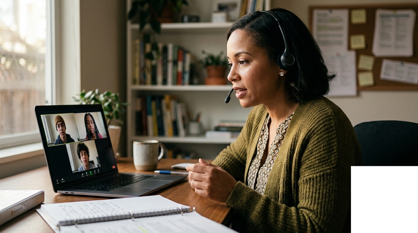 Credentialed California teacher meeting virtually with a small cohort of charter school students during a scheduled Tier 3 intervention session
