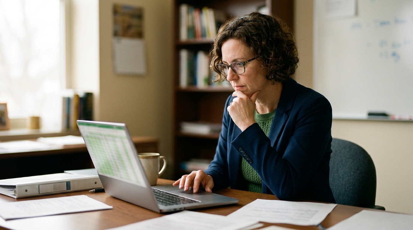 Charter administrator reviewing Title I and Title III allocation spreadsheets on a laptop after ESSER funding ends.