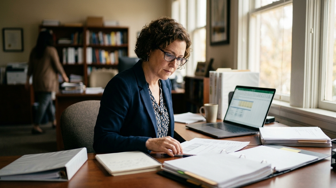 California charter director reviewing federal Title I allocation reports at desk with laptop and budget spreadsheets