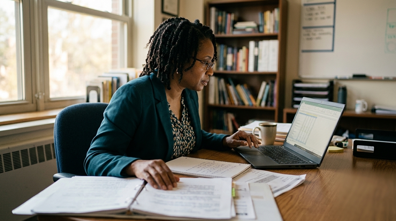 Charter school administrator reviewing a tutoring vendor contract and student growth data on a laptop spreadsheet