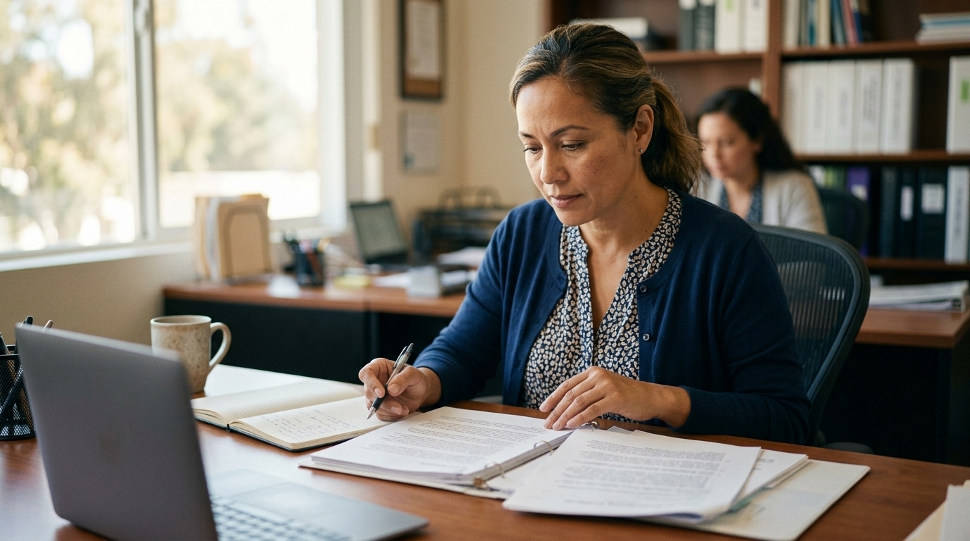 California charter special programs coordinator reviewing Title III RFA documentation and a supplemental EL intervention plan at a desk