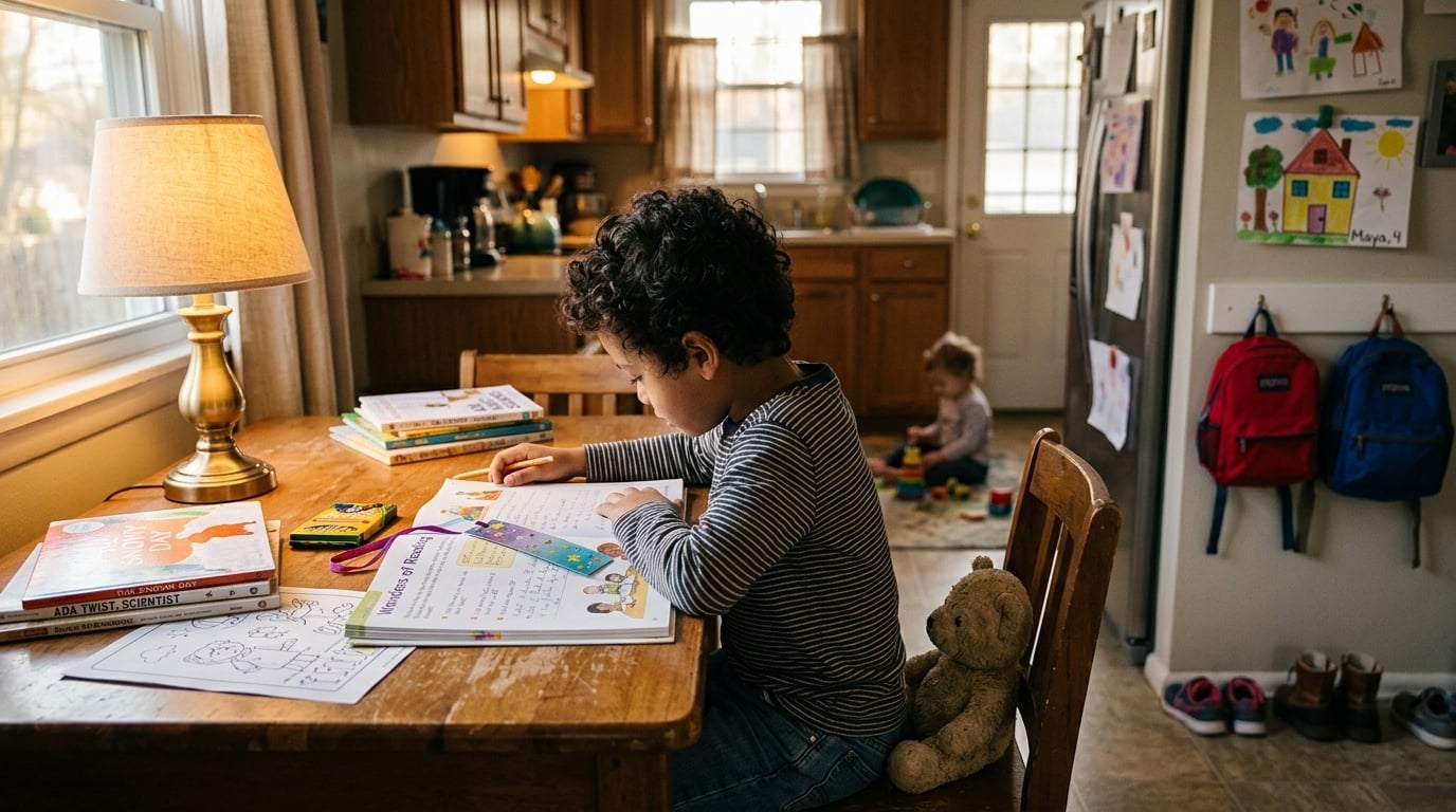 A young 2nd grade boy sits at a kitchen table reading a picture book aloud with a confident smile.