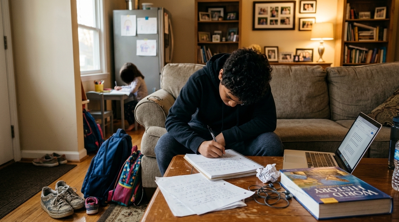 An 8th-grade homeschool student working on grammar and writing at a laptop during a one-on-one tutoring session.