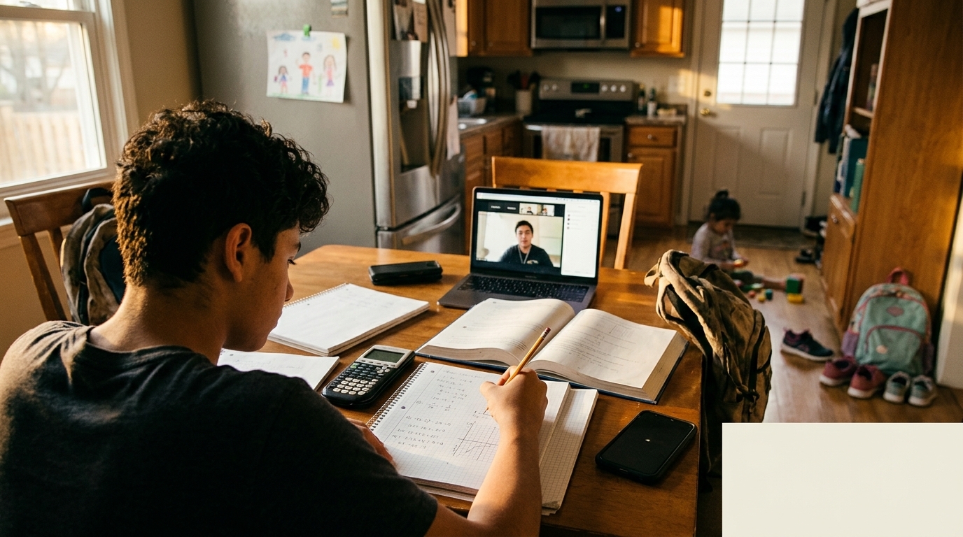 A 9th grade homeschool student working through Algebra 1 problems at a laptop during a one-on-one online tutoring session.