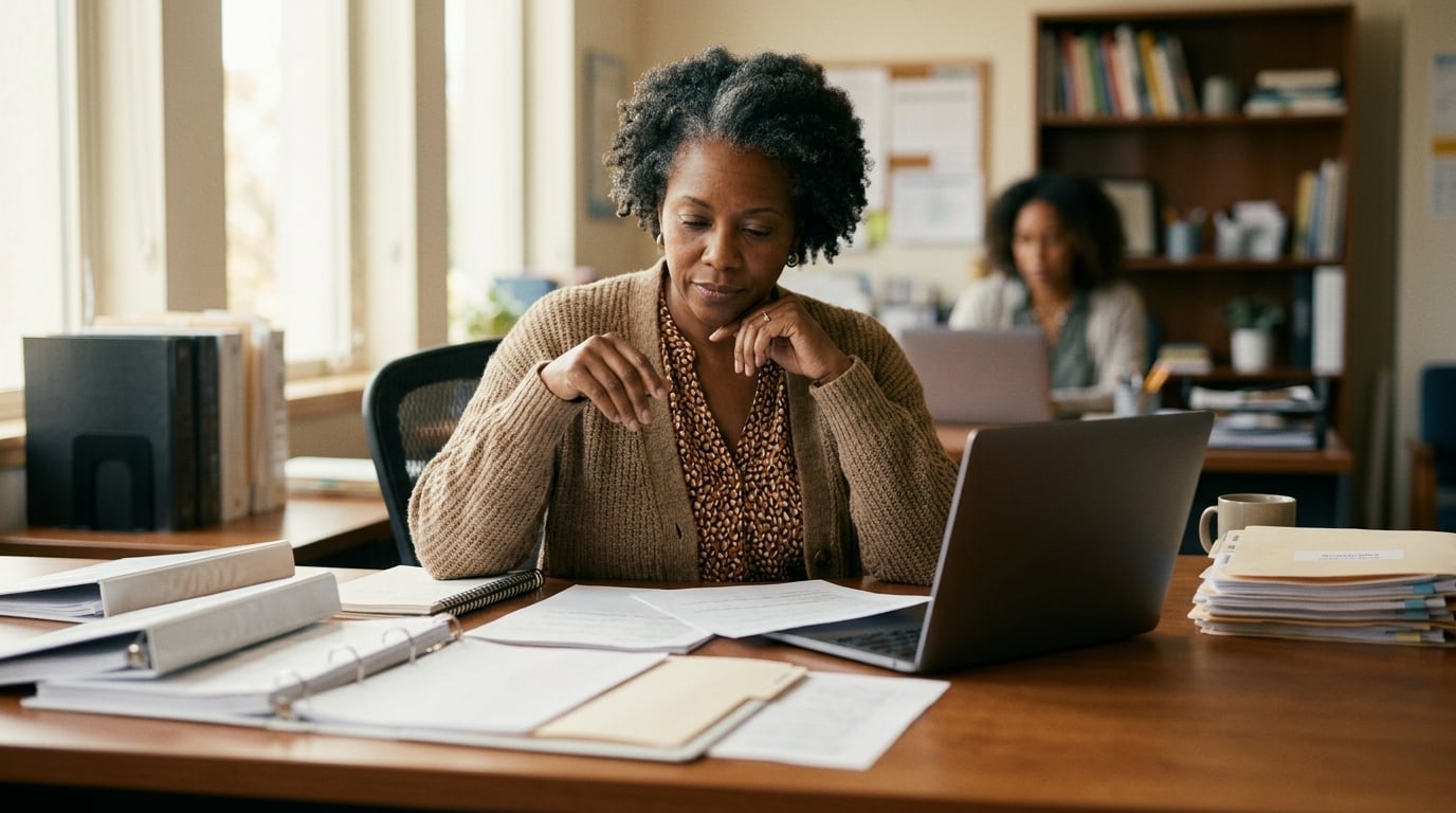 California charter school director reviewing subgroup CAASPP and Dashboard data at desk ahead of the October 15 public release