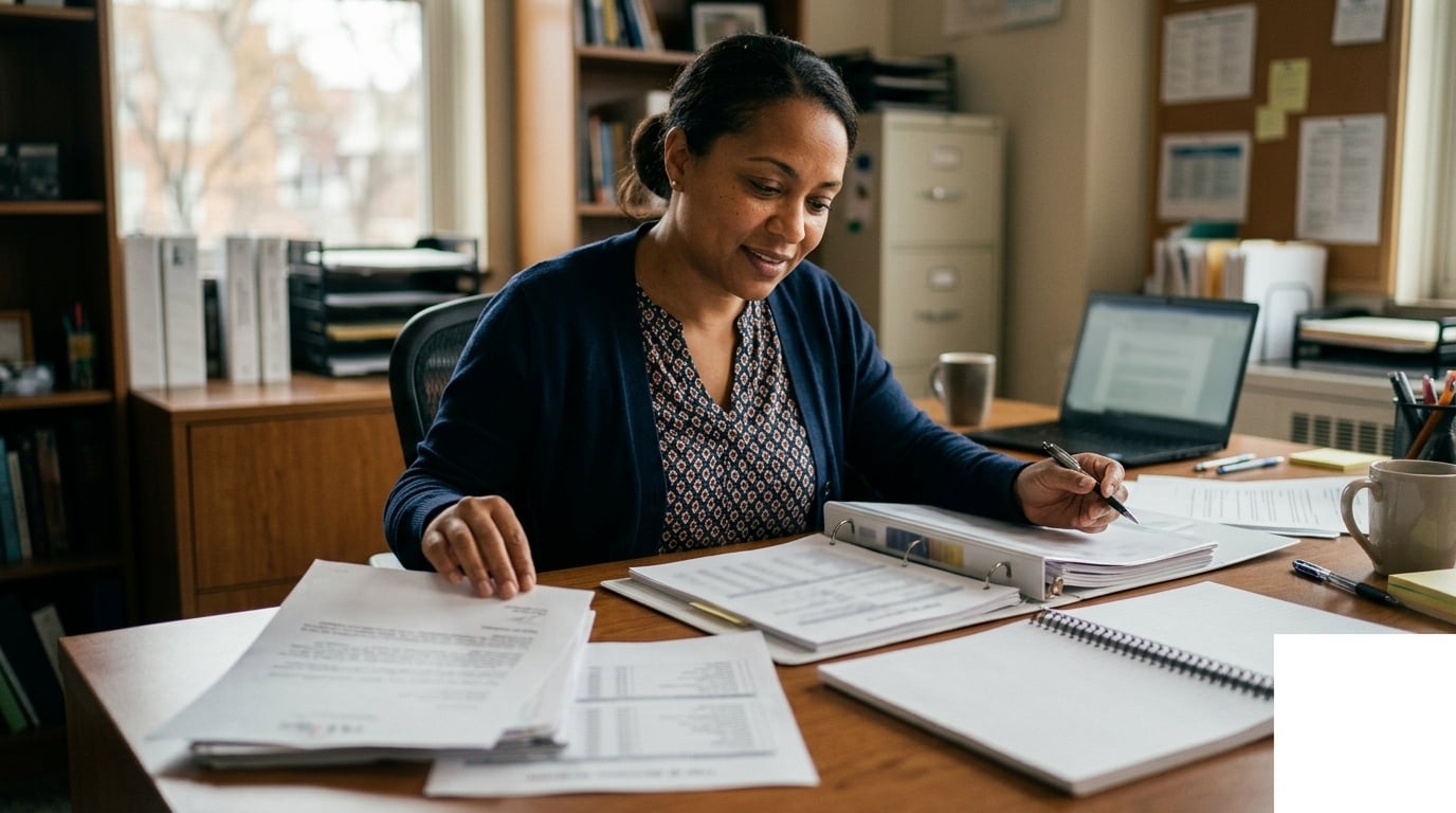 Charter school special programs coordinator reviewing Title III allocation letter and MAP diagnostic data at a desk to plan braided tutoring funding