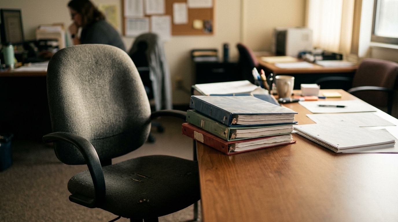 Empty office chair beside stacked K-12 tutoring binders symbolizing charter school intervention vendor turnover