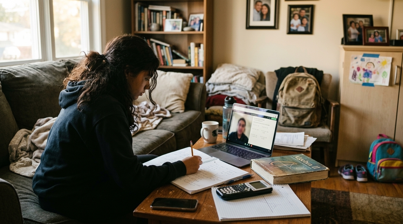 A 10th-grade girl working through a geometry problem at a kitchen table with a notebook and pencil, looking focused rather than frustrated.