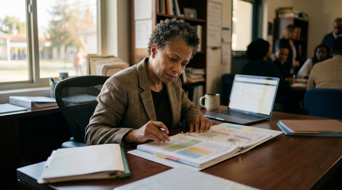 Charter school director reviewing California School Dashboard 2026 color-coded indicators before a November board meeting